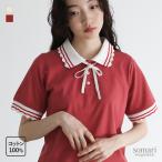 カットソー ポロシャツ レディース トップス 半袖 Tシャツ 襟付き リボン 取り外し可 スカラップ 綿100% カットポロ 春 夏「メール便可」「10」