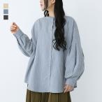 ショッピングパフスリーブ ブラウス レディース トップス 長袖 ぽわん袖 パフスリーブ ミドル丈 バンドカラー ストライプ 羽織り シャツ 秋 冬 オシャレウォーカー「メール便可」「10」