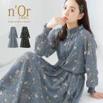 ロング ワンピース レディース 長袖 シャーリングカフス パフ袖 フリル袖 立ち襟 ネックフリル シフォン『花柄スタンドネックワンピース』【メール便不可】