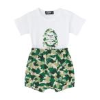30%OFFセール XLARGE KIDS（エクストララージキッズ） 80cmファニーゴリラカモ総柄 ベビー半袖セットアップ 半袖ロンパース+ショートパンツ グリーン