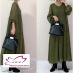 ワンピース ロングワンピース レディース 夏 春 秋 マキシワンピース 長袖 ボリューム袖 Vネック 無地 緑 ロングワンピース きれいめ ギャザー OL通勤