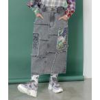 ショッピングレトロ スカート 新作 ScoLar スカラー 153673 花ネコのアシメフリンジ アップリケデニムスカート ボトムス カジュアル レトロ 原宿系 個性的 ポイント