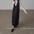 V襟ジャンバースカートボックススカートブラックフリーサイズマキシ丈ロング丈...