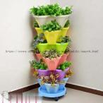 ショッピングプランター タワー型プランター 6段垂直ガーデンプランター ホイール付き 4バルブ プラスチック 積み重ね可能 イチゴ植栽ポット 屋内屋外用 庭の植木鉢 ガーデンタワー 花、