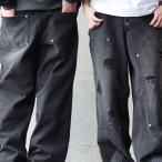 デニムパンツ ストレート ワイド メンズ レディース ダメージ ダブルニー しっかり生地 ブラック ウエストゴム ゆったり パティ