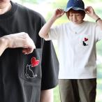 Tシャツ 5分袖 メンズ レディース クルーネック 胸ポケット ハート ネコ ワッペン ワンポイント 綿100 コットン 通気性 ゆったり パティ (メール便50)