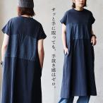 ワンピース レディース 半袖 マキシ丈 クルーネック 綿100 コットン 天竺 デニム切り替え 着痩せ すっきり カジュアル 夏 パティ