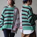 ショッピングボーダー ニット 長袖 メンズ レディース クルーネック マルチボーダー リメイク アシンメトリー ポリエステル 片畦編み 肉厚 ゆったり パティ