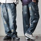 ショッピングカーゴ カーゴパンツ ストレート メンズ レディース デニム 刺繍 綿100 コットン ポケット ウエストゴム ゆったり 大きいサイズ パティ YOIDORE ヨイドレ