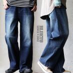 デニム ワイドパンツ コクーン レディース 綿 コットン ストレッチ 伸びる ユーズド ワンウォッシュ ウエストリブ パティ BLUETO ブルート