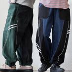 ショッピングサルエル パンツ サルエルパンツ テーパード ワイド レディース デニム ジャージ リメイク風 配色 パイピング 裾ゴム ウエストゴム 体型カバー パティ