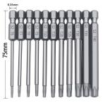 トルクスドライバー ビット 11本セット 中空トルクス頭 75ｍｍ 六角軸 6.35mm T6-T40 S2鋼ドライバービット 磁気 トルクス星ネジ用ビットセット 六角ビット