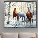 ショッピングアート作品 準上級 フル ダイヤモンドアート キット ビーズ刺繍 冬景色 3匹の馬 午年 森の中 白樺 モザイクアート パズルアート リハビリ 趣味 絵画 カラービーズ