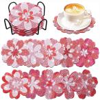 ウッドコースター 制作キット ダイヤモンドアート 10枚 桜 サクラ ピンクフラワー チェリー ホルダー付き ビーズ刺繍 リハビリ 趣味 絵画 ラインストーン