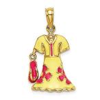 14K Yellow Gold 3-D Moveable Enamel Yellow &amp; Fuchsia Dress w/Flip-Flop Pend