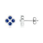 Sapphire Four Leaf Clover Stud Earrings with Beaded Edges in Silver (2mm Bl