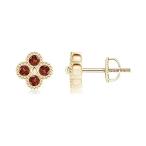 Garnet Four Leaf Clover Stud Earrings with Beaded Edges in 14K Yellow Gold