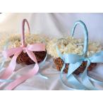 ２個セット、紫陽花、カスミホワイト、ナチュラル、リングピローかご、リングピローカゴ、リボンピンクサックス