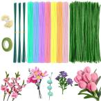 Lakymisy 手芸モール カラーモール 工作モール 300本 人工花茎30本 双頭花おしべ300本 緑テープ1巻 お花 モールアート 手作り チュ