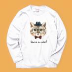 ショッピングイラスト Tシャツ　レディース　　ロンT ロングスリーブ　長袖　愛猫 猫柄　Tシャツ　ロンT　イラスト　　プレゼント　男女兼用　猫メガネ蝶ネクタイ