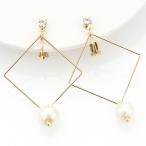 Yahoo! Yahoo!ショッピング(ヤフー ショッピング)イヤリング 痛くない IMFスプリング コットンパール スクエアフレーム フリンジ ニッケルフリー スワロフスキー 揺れ動く 上品 ぬけ感