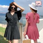 大きいサイズ 水着 体型カバー ワンピース レディース 85kg 4XL 半袖 超ストレッチ ベーシック シンプル ハイライズ パッド付き 無地 フリル 夏