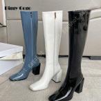 レディース カジュアル ニーハイブーツ ハイヒール ジョッキーブーツ ジッパーあり 履きやすい 歩きやすい ハイヒール スクエアトゥ ロングブーツ エナメル
