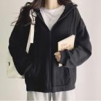 パーカー レディース 韓国 シンプル 秋冬 チュニック 前開き ゆったり ジップアップ アウター 羽織り 長袖 フード カジュアル 裏起毛あり