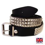 ショッピングイギリス イギリス製　3-Row Small Pyramid Stud Belt　3連スモール ピラミッド スタッズ 鋲 ベルト SV/BK Made in UK