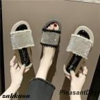 ミュール 美脚 平底 レディース グリッター ラメ入り フリンジ ラインストーン キラキラ サンダル つっかけ ぺたんこ オフィス ルームシューズ 夏新作