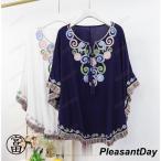 チュニックブラウス マント風上着 半袖 シャツ森ガール風プルオーバー民族風エレガント 花柄トップス 刺繍エスニック風ナチュラルＴシャツ中袖