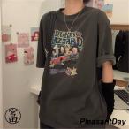 tシャツ レディース 夏 半袖 トップス ゆるTシャツ 丸首 韓国 ロゴ カットソー Uネック プルオーバー カジュアル ロゴ プリント ダークグレー