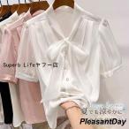 ブラウス 半袖 レディース シフォン シースルー リボンタイ tシャツ トップス ゆったり オフィス 通勤 涼しい 薄手 おしゃれ カジュアル