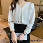 ブラウス レディース 長袖 シフォン シャツ Vネック ゆったり 着痩せ タック入り カジュアル 体型カバー きれいめ おしゃれ 可愛い トップス 通
