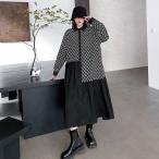 ワンピース ロング シャツ ワンピ レディース 長袖 モード系 不規則 花柄 モザイク ミドル丈 レトロ シャツワンピース POLO襟 アシンメトリー