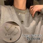 ネックレス ペンダント 2連 重ね付け風デザイン アクセサリー レディース 女性用 チェーン 淡水パール調 バロックパール風 タグ 英字 ロゴ 刻印