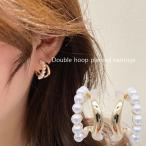 ピアス レディース アクセサリー スタッドピアス ゴールドカラー パール調 2連 半円 フープ 上品 オフィス デイリー 女性用 耳飾り