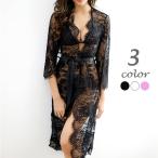 セクシーランジェリー インナー ナイトドレス レディース 下着 総レース ガウン 前開き リボンベルト 七分袖 ひざ丈 透け感 シースルー