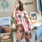 ルームウェア 上下セット レディース 女性用 半袖 半ズボン 短パン 大きいサイズ ゆったり ラウンドネック ビッグシルエット かわいい フルーツ ア