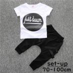 セットアップ 上下セット ベビー キッズ 赤ちゃん 子供用 男の子 女の子 Tシャツ 長ズボン ロングパンツ 半袖 ラウンドネック 丸首 ロゴ 英字