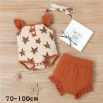 セットアップ キッズ ベビー 子供用 赤ちゃん ロンパース ノースリーブ ブルマパンツ オーバーパンツ ヘアターバン付き 3点セット 上下セット リブ