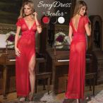 セクシードレス レディース ロング丈 半袖 Vネック シースルー 花柄レース ナイトドレス ランジェリー インナー 下着 サイドスリット 透け感 背中