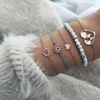 Yahoo! Yahoo!ショッピング(ヤフー ショッピング)ブレスレット 5点セット チェーンブレスレット ビーズ アクセサリー レディース ハート 花 フラワー 地図 ファッション小物 お出掛け おしゃれ ギ