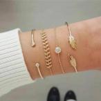 ブレスレット 4点セット アクセサリー レディース 女性用 バングル チャーム ラインストーン ゴールドカラー 葉 リーフ かわいい おしゃれ シンプ