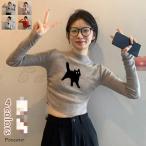 カットソー トップス レディース 丸首 ショート丈 長袖 おしゃれ 猫柄 可愛い きれいめ ふんわりとした着用 柔らかい 快適フィット お出かけ 日常