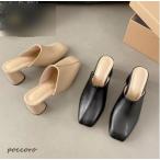 ヒールサンダル レディース 本革 スクエアトゥ ハイヒール ミュール 黒 チャンキーヒール 6センチ ローファーパンプス ミュールサンダル 太ヒール 安定感