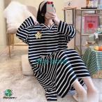 ネグリジェパジャマレディース春夏秋長袖ワンピースボーダー柄ルームウェア可愛...