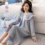 ネグリジェ春夏秋長袖ネグリジェ姫風ワンピースロング丈リボンフレアネグリジェ...