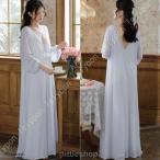 レディース 姫系 ネグリジェ 寝巻き ルームワンピース ナイトウエア パジャマ 長袖 レースワンピース 部屋着 大人 女性 フェミニン ゆったり 無地 春夏秋 白