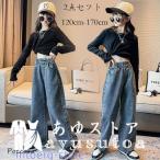 ショッピング韓国子供服 韓国子供服 女の子 セットアップ レジャー 秋服 キッズ 長袖Tシャツ+デニムワイドレッグパンツ 春着 秋着 通学着 2点セット ジーンズ デニムパンツ 120-170